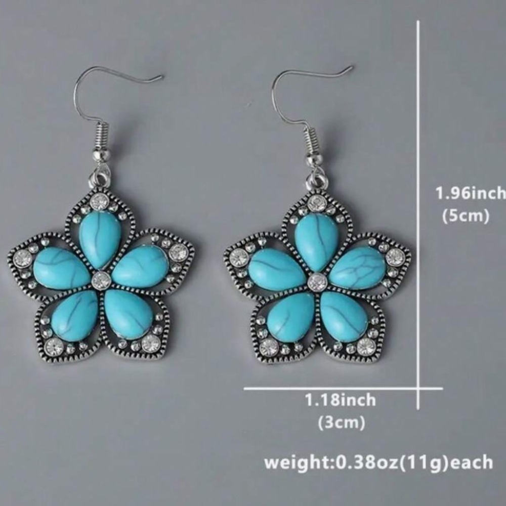 Silver Turquoise w/Mini Crystals Flower Drop Earrings - Picture 4 of 5